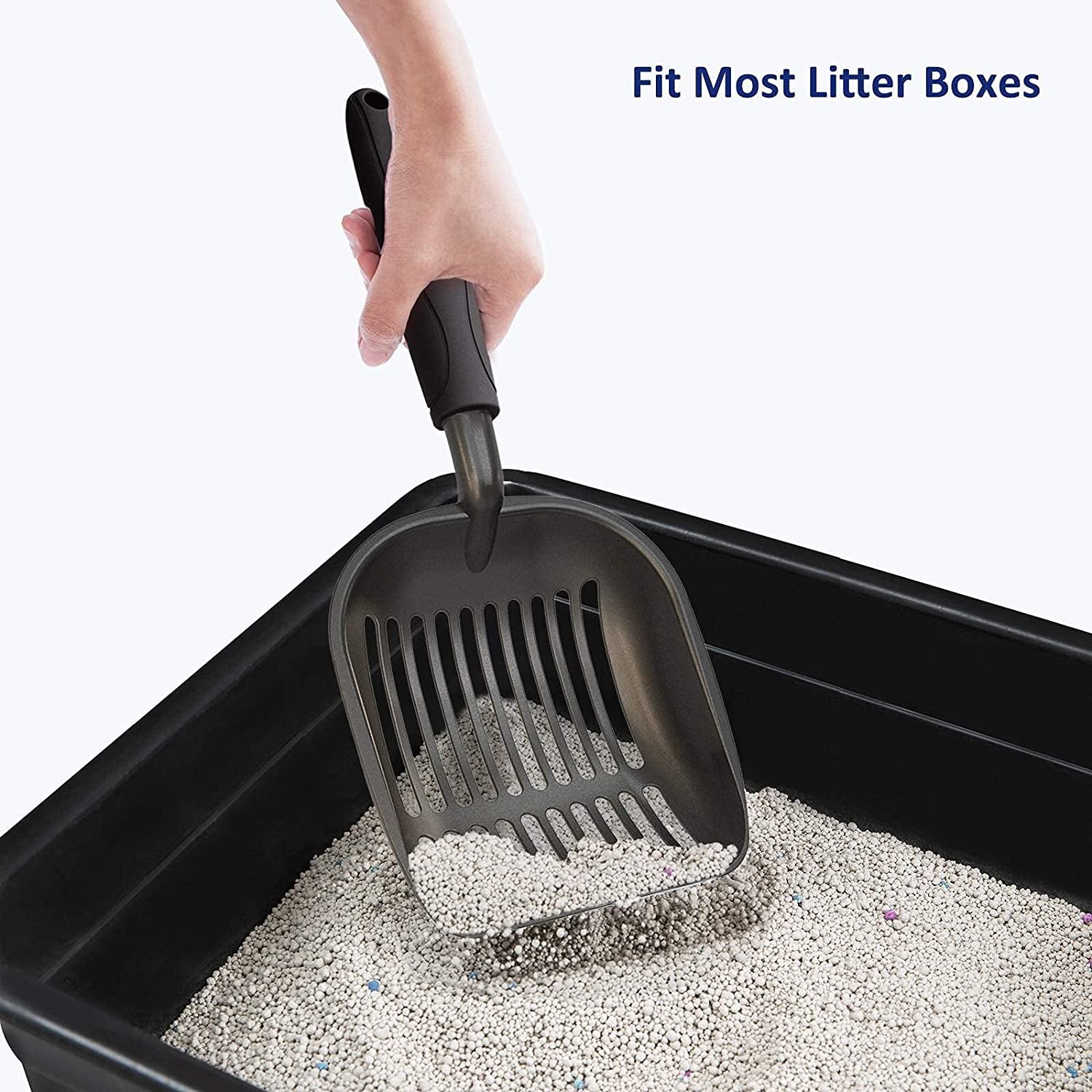 Premium Cat Litter Scoop - Non-Stick Aluminum Alloy Sifter with Deep Shovel and Long Handle, Large Size, Black Coated Finish