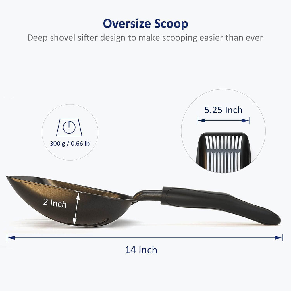 Premium Cat Litter Scoop - Non-Stick Aluminum Alloy Sifter with Deep Shovel and Long Handle, Large Size, Black Coated Finish
