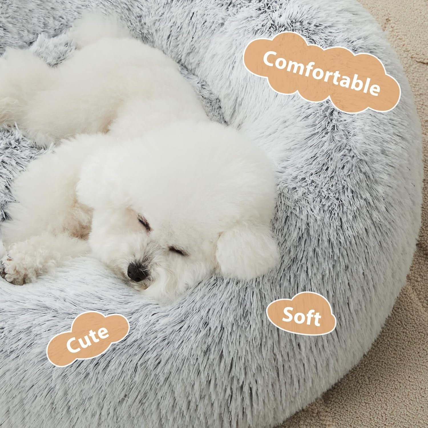 Self-Warming Donut Pet Bed for Dogs and Cats, Faux Fur Plush Cuddler, 24 x 24 Inch, Light Grey