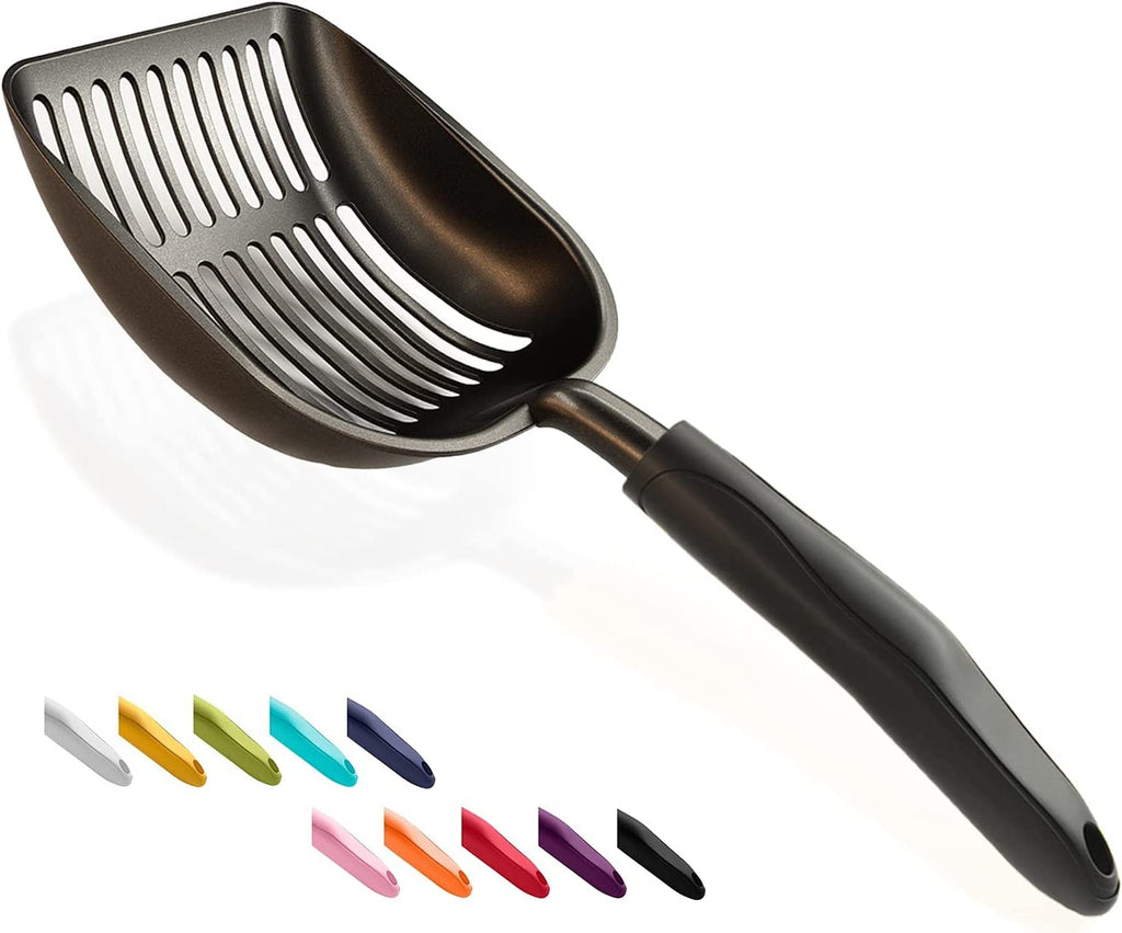 Premium Cat Litter Scoop - Non-Stick Aluminum Alloy Sifter with Deep Shovel and Long Handle, Large Size, Black Coated Finish