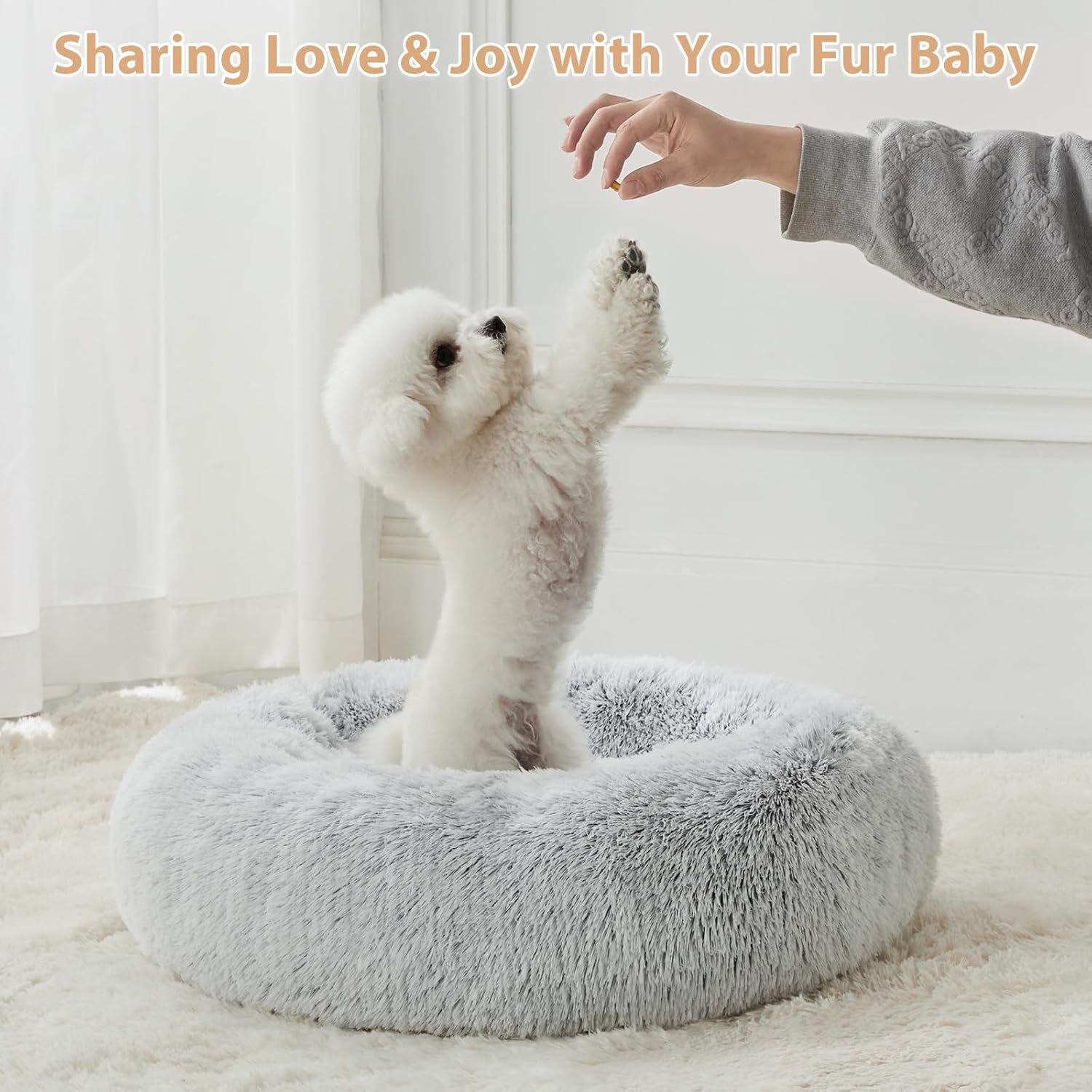 Self-Warming Donut Pet Bed for Dogs and Cats, Faux Fur Plush Cuddler, 24 x 24 Inch, Light Grey