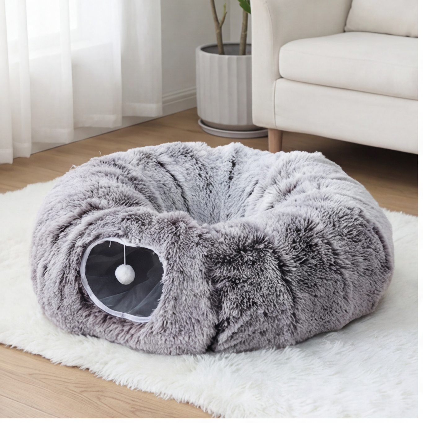 Plush Donut Cat Tunnel Bed – Washable Round Cave with Hanging Balls | Peekaboo Play Tunnel for Kittens & Cats