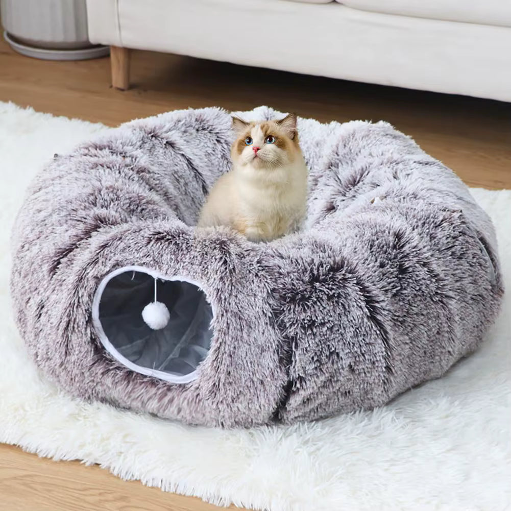 Plush Donut Cat Tunnel Bed – Washable Round Cave with Hanging Balls | Peekaboo Play Tunnel for Kittens & Cats
