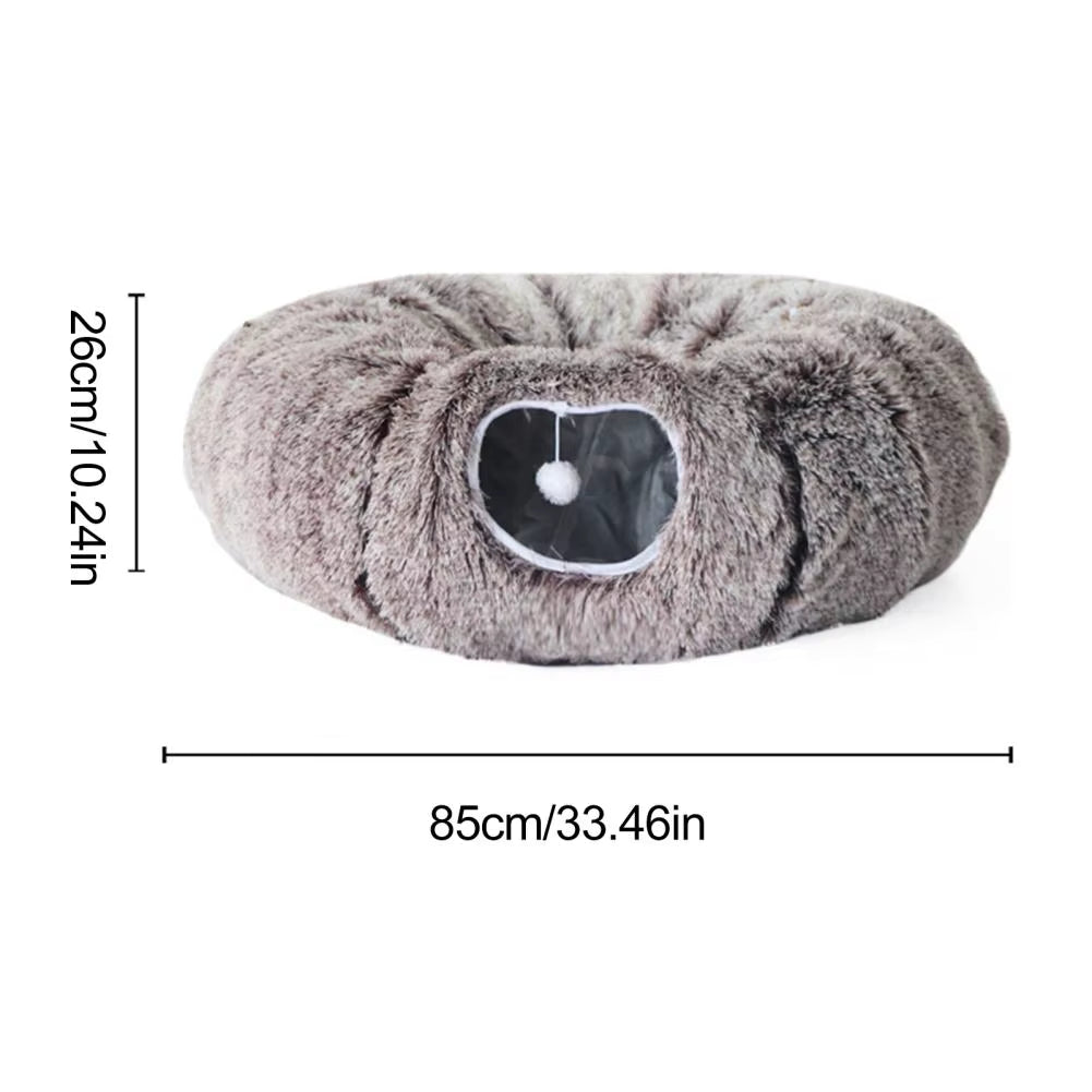 Plush Donut Cat Tunnel Bed – Washable Round Cave with Hanging Balls | Peekaboo Play Tunnel for Kittens & Cats