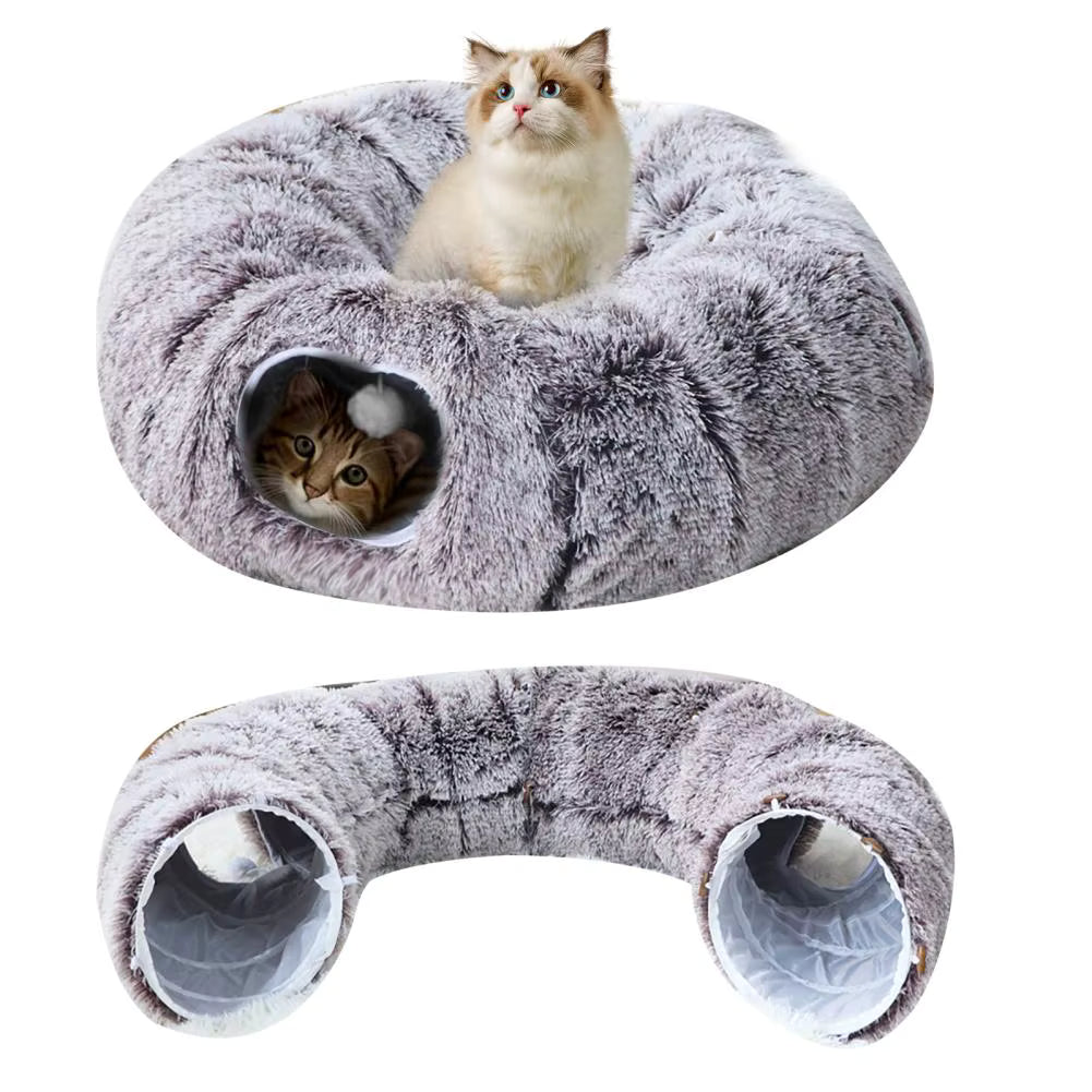 Plush Donut Cat Tunnel Bed – Washable Round Cave with Hanging Balls | Peekaboo Play Tunnel for Kittens & Cats