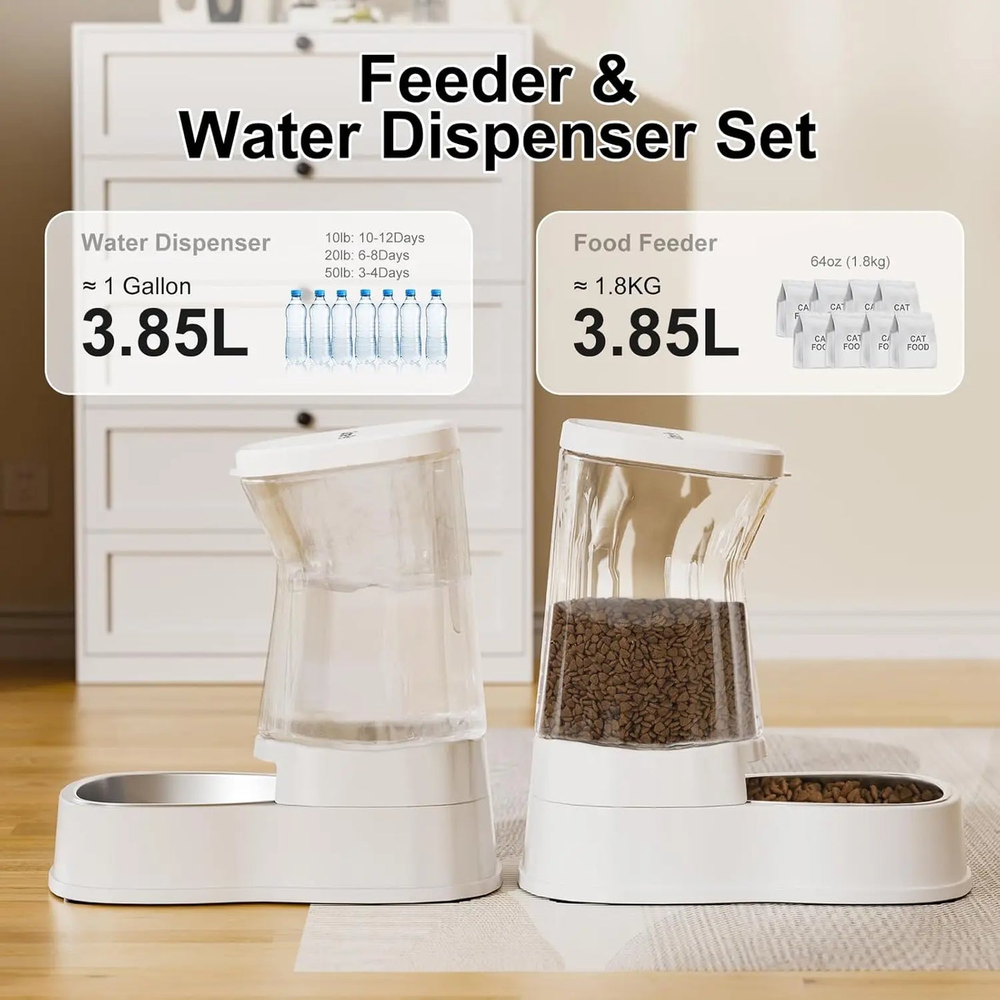 Automatic Pet Feeder And Water Dispenser Set Stainless Steel Bowls