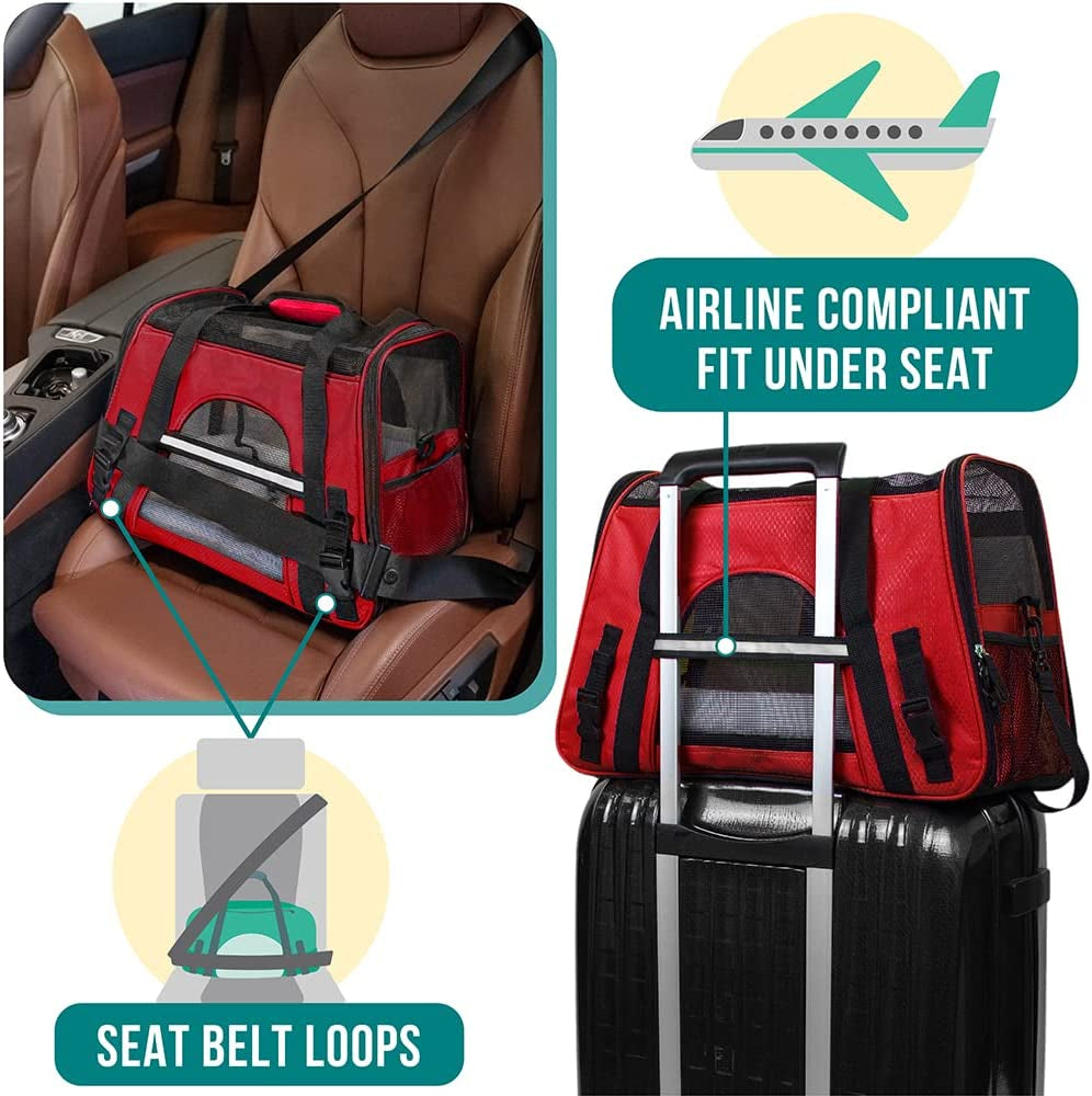 Airline-Approved Soft-Sided Pet Carrier for Cats and Small Dogs, Ventilated Travel Bag for Indoor Cats and Puppies, Medium to Large Size, Red