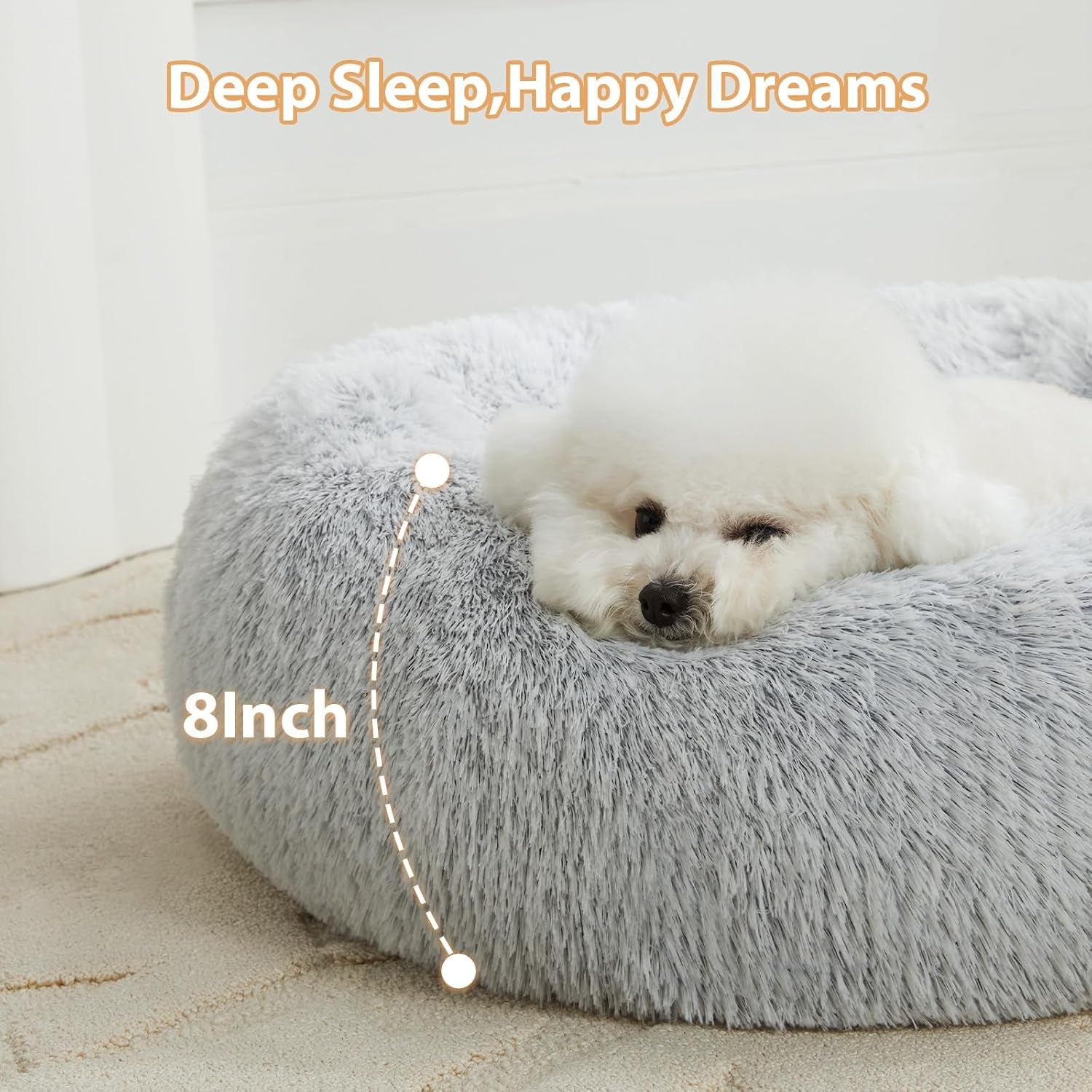 Self-Warming Donut Pet Bed for Dogs and Cats, Faux Fur Plush Cuddler, 24 x 24 Inch, Light Grey