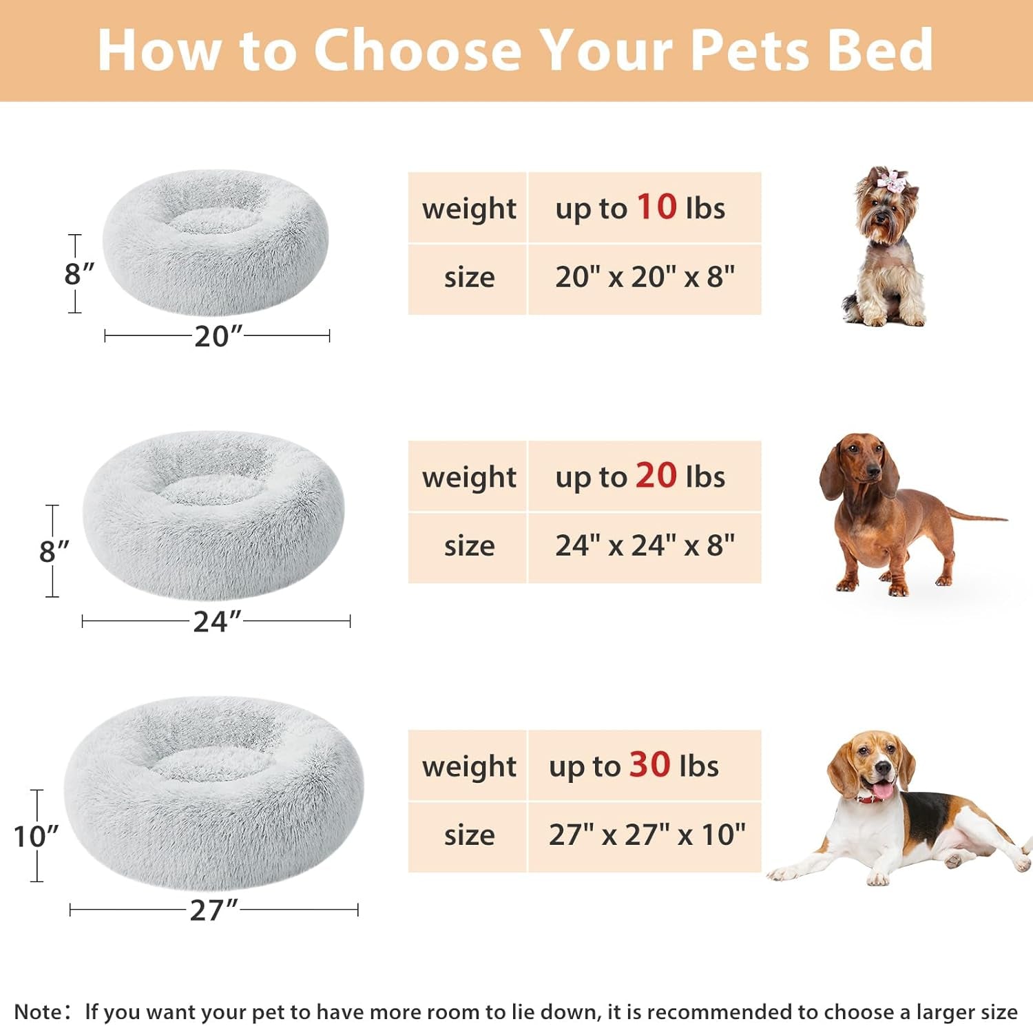 Self-Warming Donut Pet Bed for Dogs and Cats, Faux Fur Plush Cuddler, 24 x 24 Inch, Light Grey